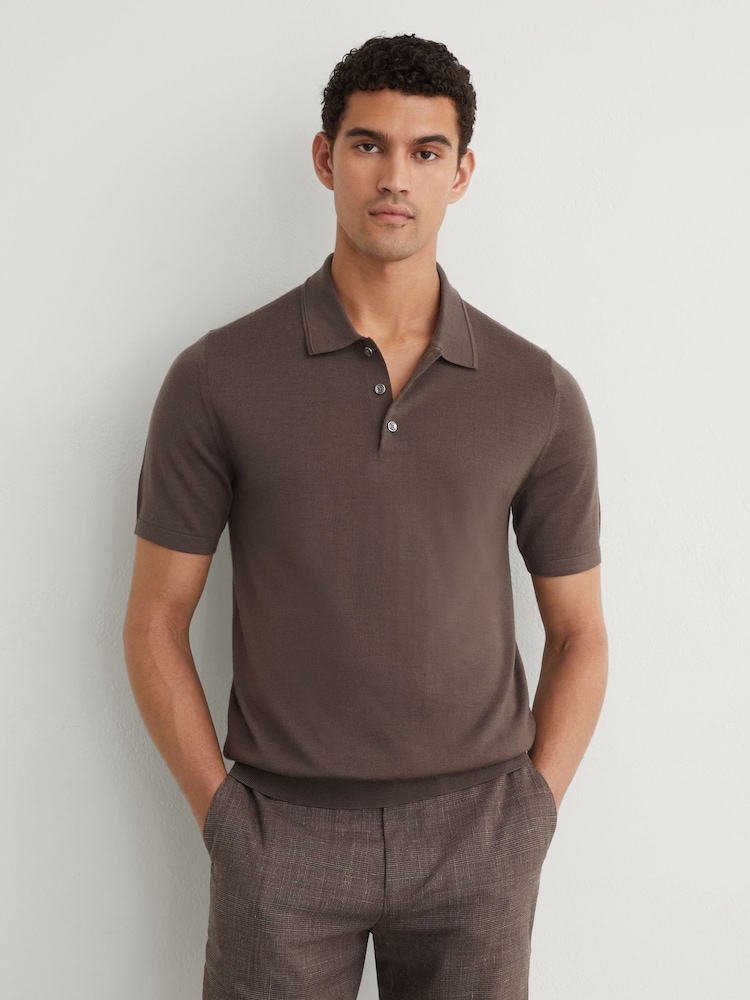 Reiss Ridge Brown Manor Merino Wool Short-Sleeve Polo Shirt - Image 1 of 6