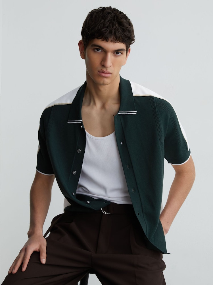 Reiss Farley Colour-Block Knit Button-Through Shirt - Attēls 1 no 6