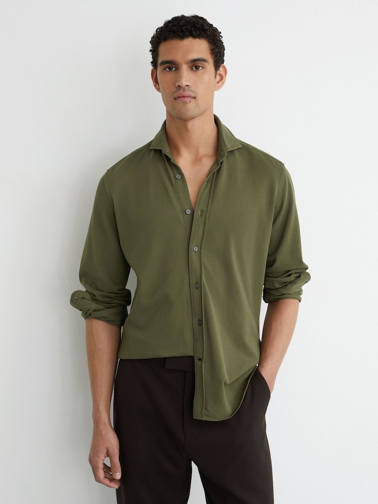 Reiss Green Dasilva Cotton-Piqué Garment-Dyed Shirt Regular-Fit - Image 1 of 6