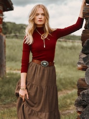 Seamless Burgundy Red Knitted Long Sleeve Slim Fit Top - Image 1 of 7
