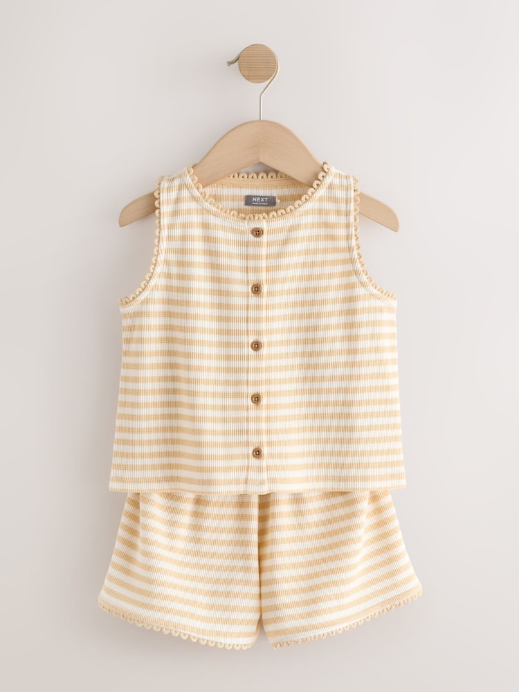 Yellow Stripe Textured Waffle Waistcoat Shorts Set (3-16yrs) - Image 1 of 5 Yellow Stripe Textured Waffle Waistcoat Shorts Set (3-16yrs) - Image 1 of 5