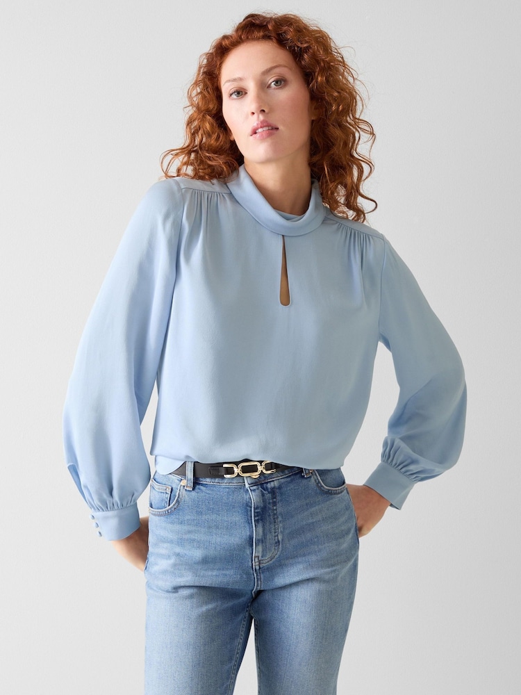 LK Bennett Blue Sally Keyhole Roll Collar Blouse - Image 4 of 4