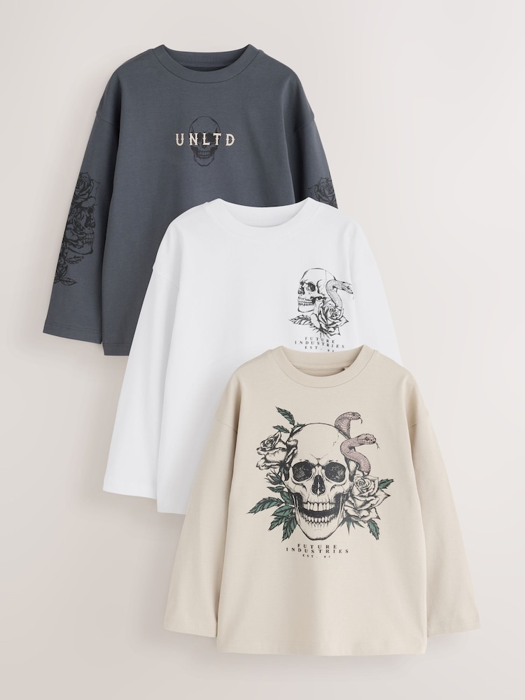 Grey/White/Cement Graphic Long Sleeve Relaxed Fit T-Shirts 3 Pack (3-16yrs) - Image 1 of 7