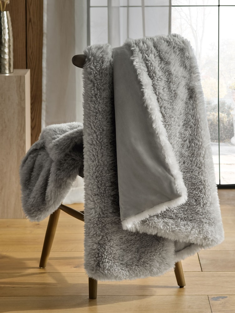 Grey Faux Fur Shearling Throw - Image 2 of 6