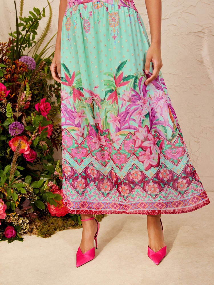 Love & Roses x V&A Tropical Metallic Petite Scarf Tie Neck Drop Waist Maxi Dress - Image 6 of 6 Love & Roses x V&A Tropical Metallic Petite Scarf Tie Neck Drop Waist Maxi Dress - Image 6 of 6
