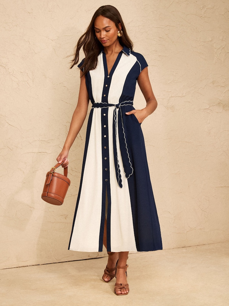 Love & Roses Navy Petite Colourblock Scallop Tie Waist Midi Dress - Image 1 of 4 Love & Roses Navy Petite Colourblock Scallop Tie Waist Midi Dress - Image 1 of 4