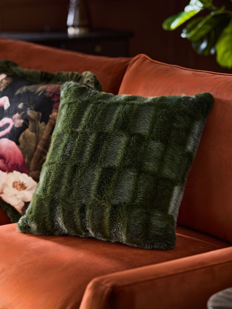 Green Textured Faux Fur Check Cushion - Image 1 of 4