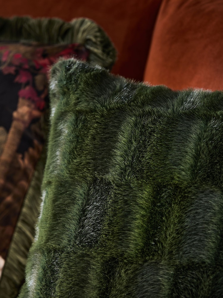 Green Textured Faux Fur Check Cushion - Image 2 of 4