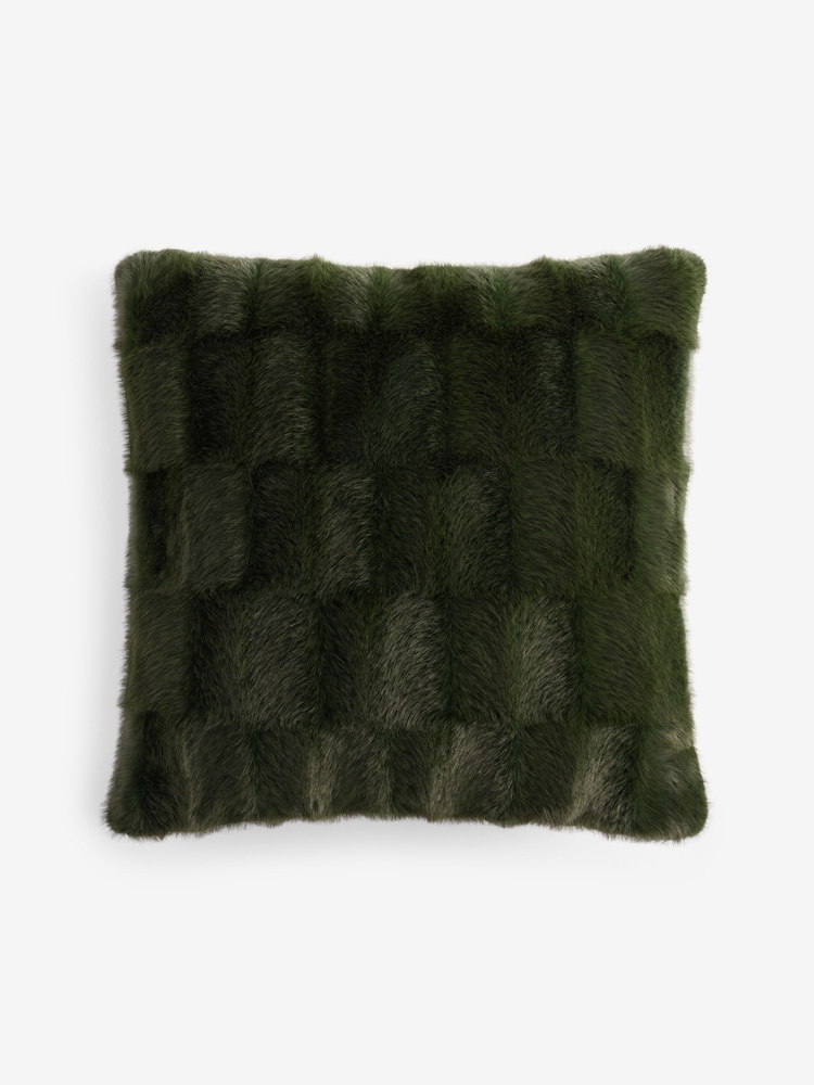 Green Textured Faux Fur Check Cushion - Image 4 of 4