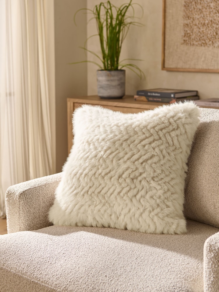 Ivory Faux Fur Textured Zig Zag Cushion - Image 1 of 4 Ivory Faux Fur Textured Zig Zag Cushion - Image 1 of 4