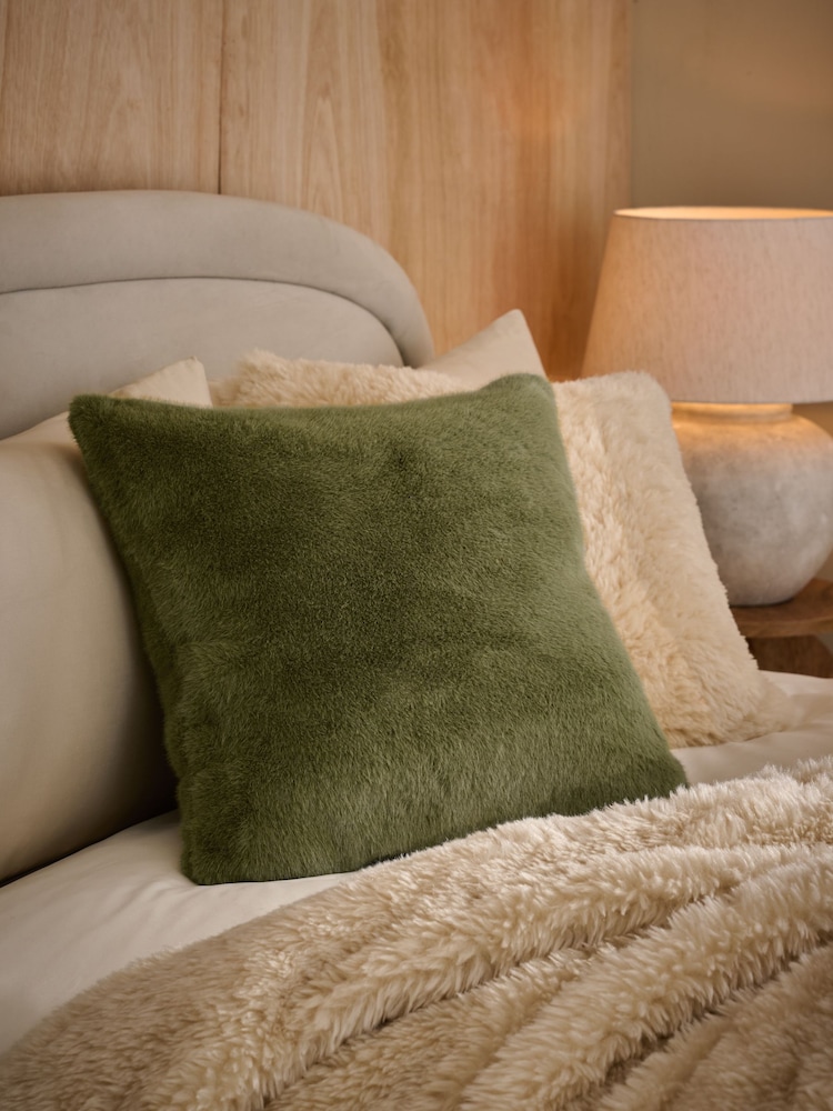 Green 50 x 50cm Luxe Plush Faux Fur Cushion - Image 1 of 4 Green 50 x 50cm Luxe Plush Faux Fur Cushion - Image 1 of 4