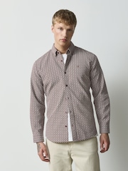 Burgundy Red Geo Print Stretch Oxford Long Sleeve Shirt - Image 1 of 7