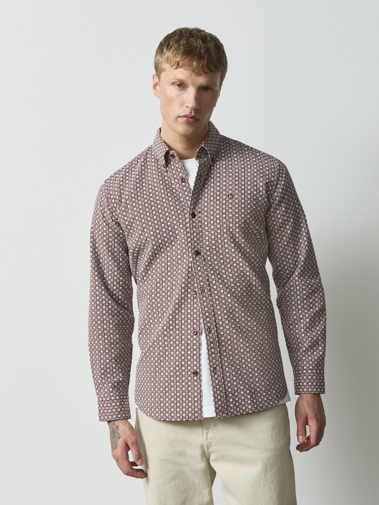 Burgundy Red Geo Print Stretch Oxford Long Sleeve Shirt - Image 1 of 7