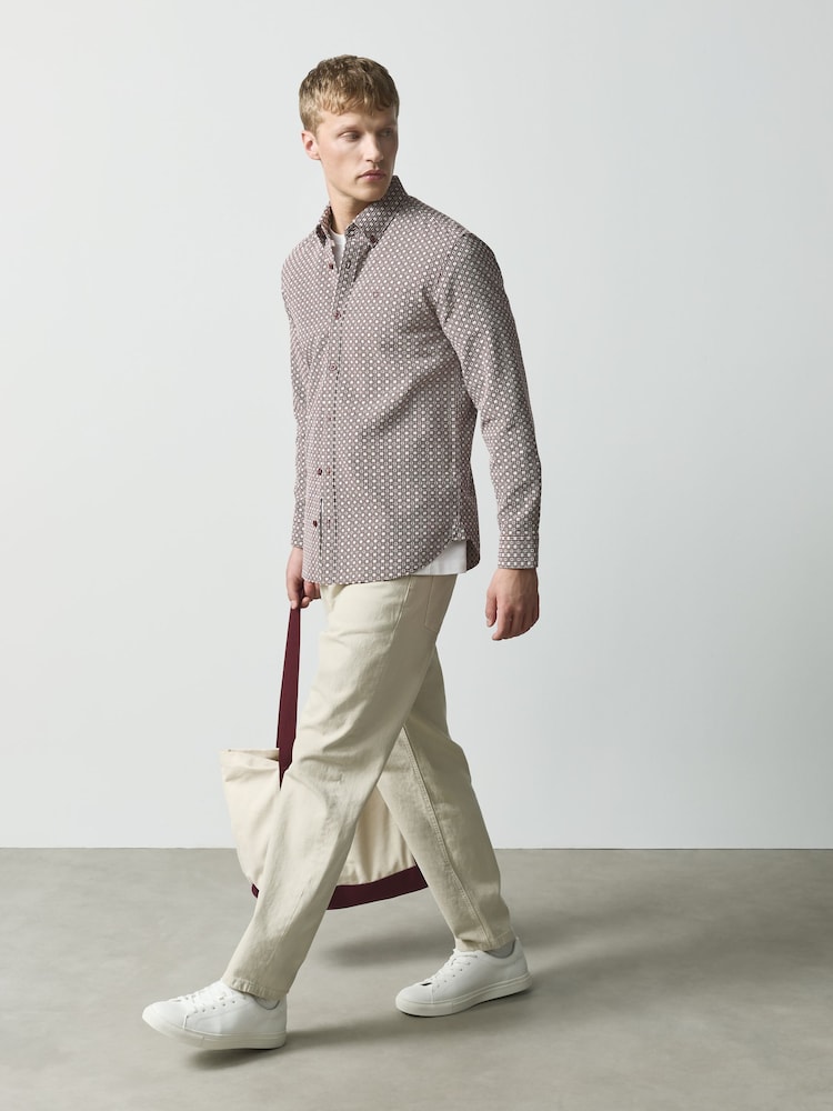 Burgundy Red Geo Print Stretch Oxford Long Sleeve Shirt - Image 2 of 7