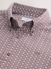 Burgundy Red Geo Print Stretch Oxford Long Sleeve Shirt - Image 7 of 7