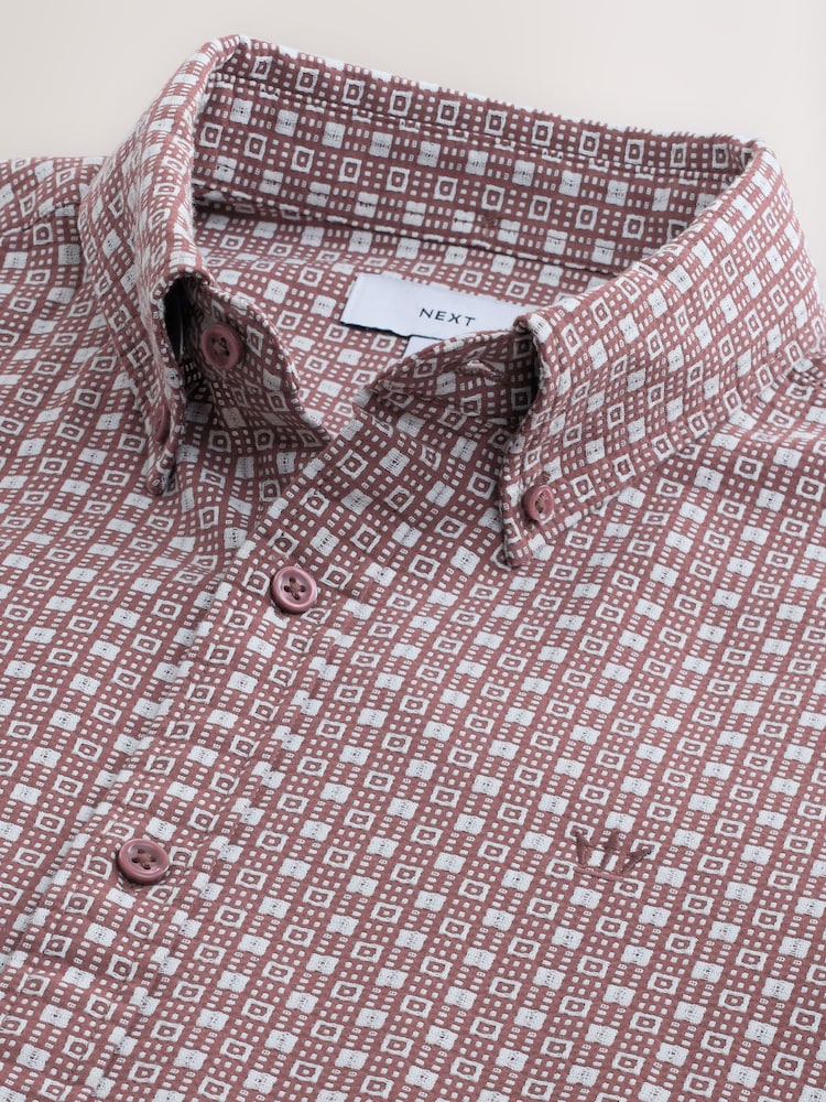 Burgundy Red Geo Print Stretch Oxford Long Sleeve Shirt - Image 7 of 7