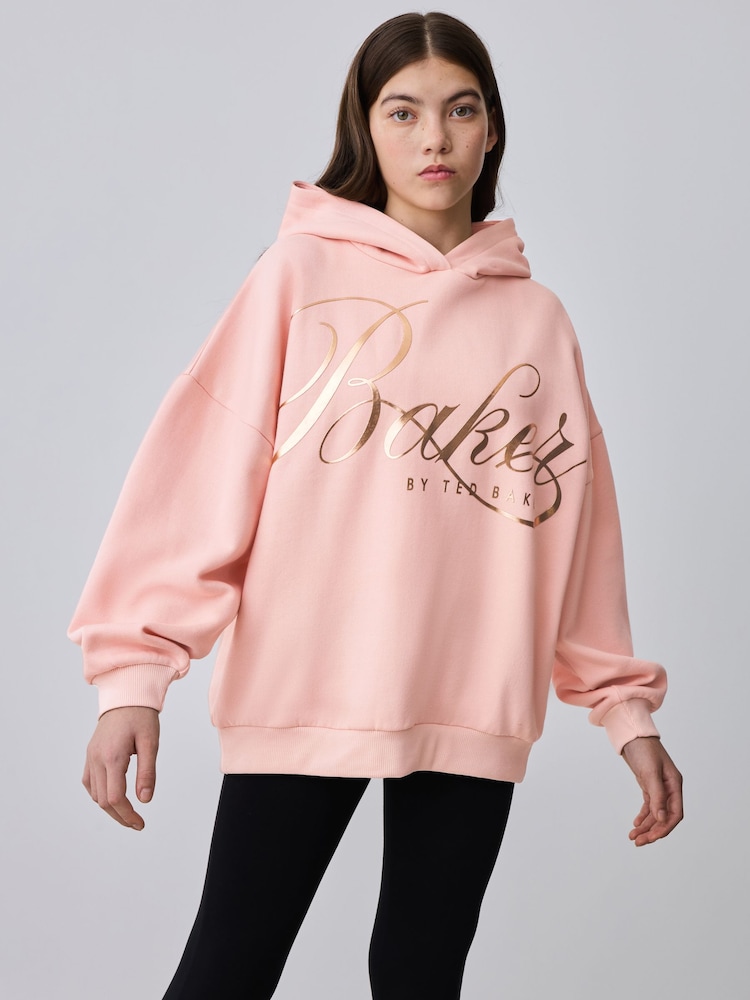 Baker by Ted Baker Pink Oversized Metallic Script Logo Hoodie - Imaginea 1 din 9