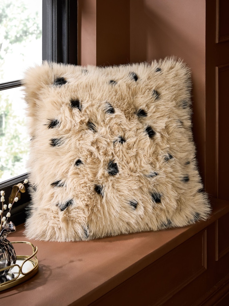 Mid Natural Faux Fur Polka Dot Cushion - Image 1 of 4