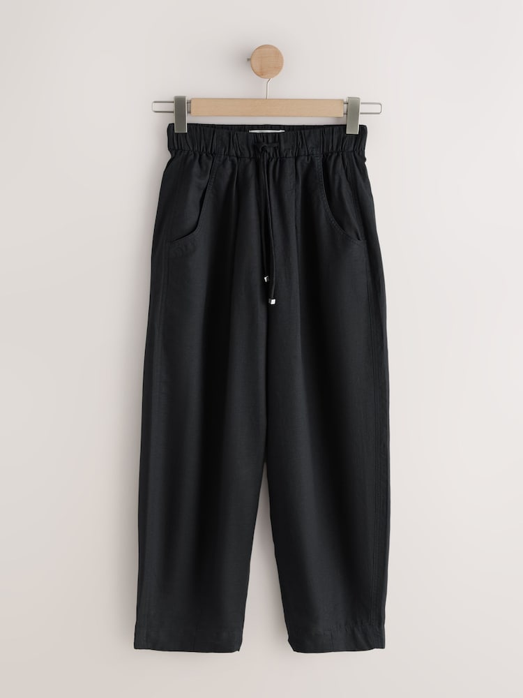 Black Barrel Leg Linen Cotton Blend Trousers - Image 1 of 3