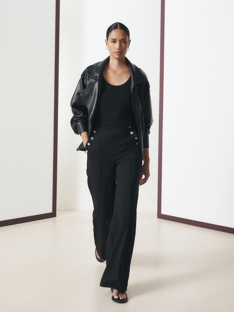 Black Ponte Wide Leg Trousers With Button Detailing - Image 1 of 8