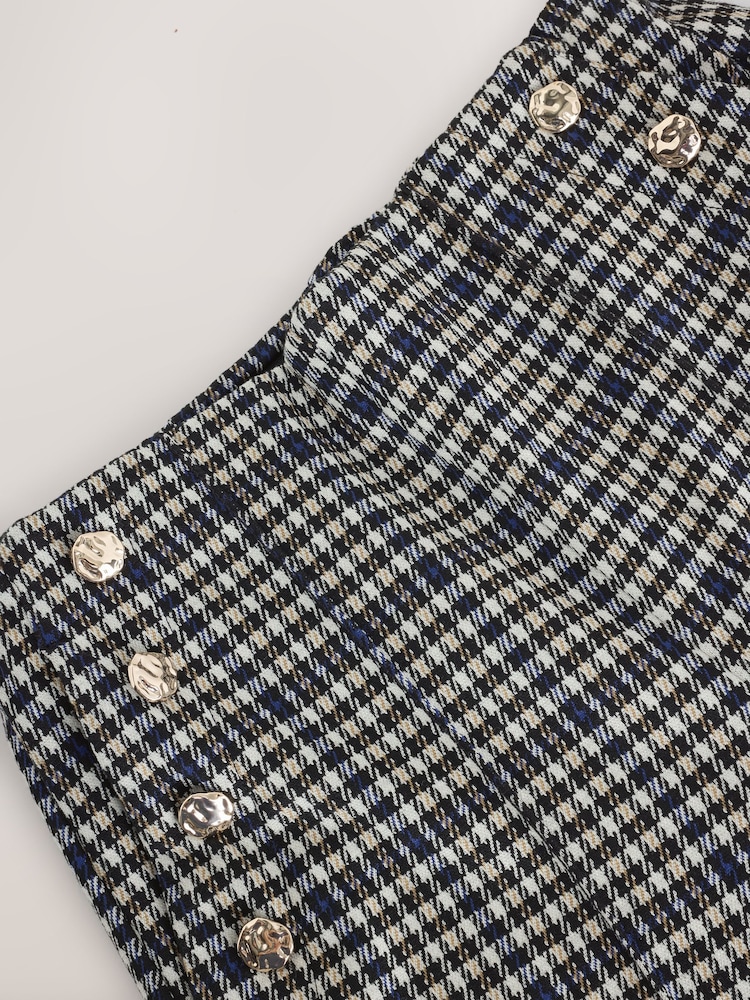Ecru/Blue/Black Check Ponte Wide Leg Trousers With Button Detailing - Image 2 of 3