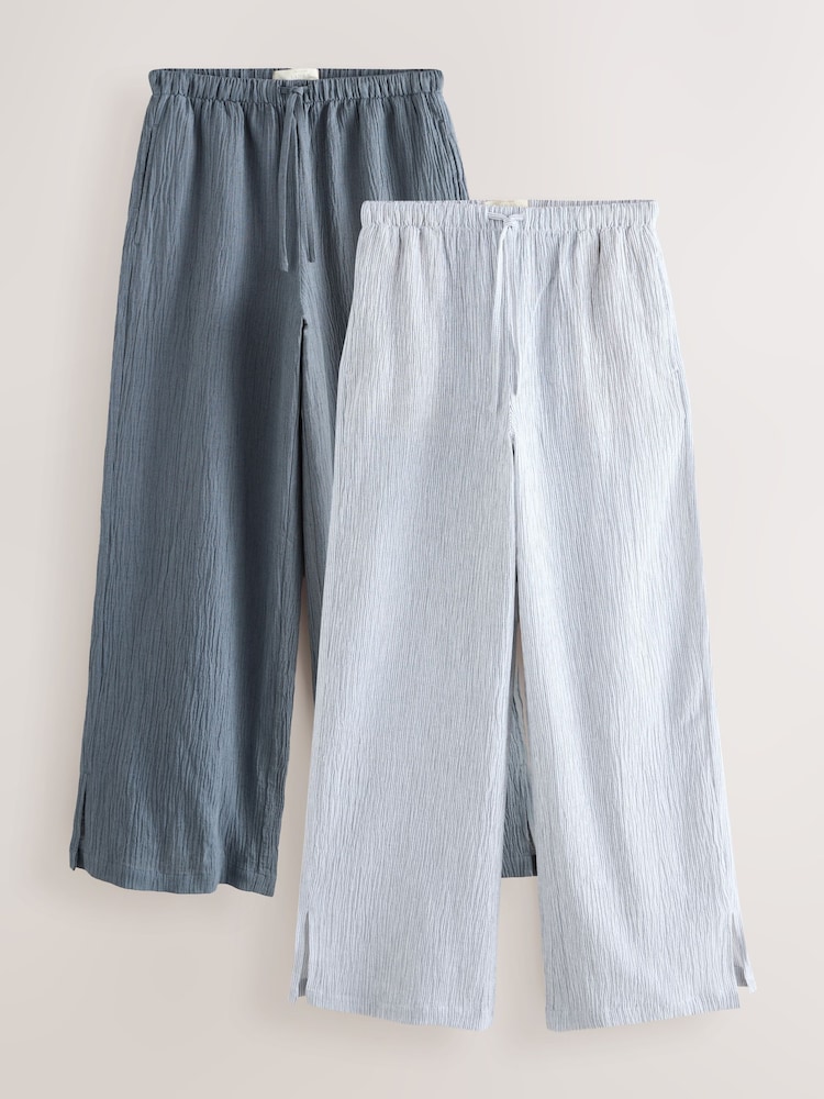 Slate Blue/White Stripe Textured Wide Trousers With Linen 2 Pack - Image 1 of 9