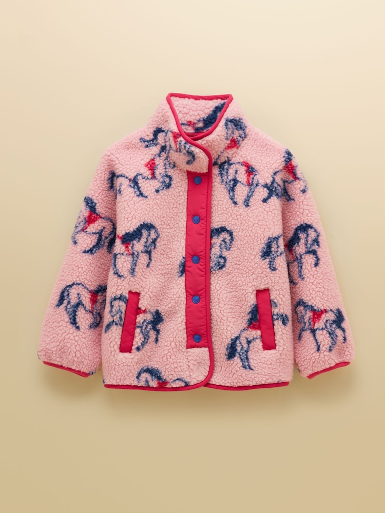 Joules Girls' Borg Pink Horse Fleece Jacket - Image 1 of 5