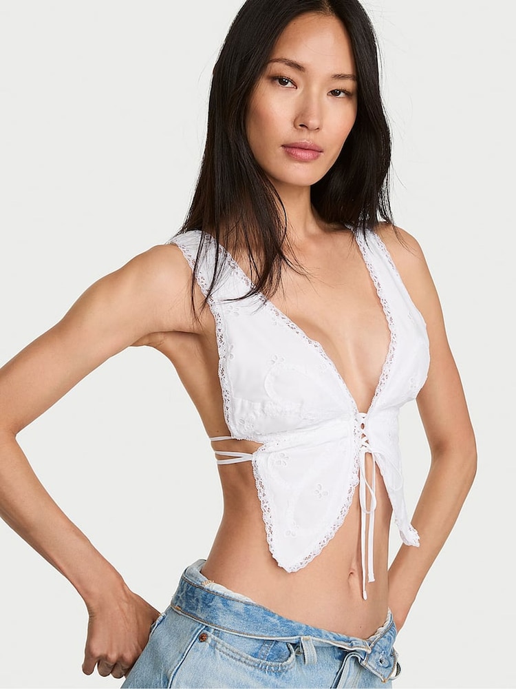 Victoria's Secret White Butterfly Eyelet Tie Back Crop Top - Image 1 of 2 Victoria's Secret White Butterfly Eyelet Tie Back Crop Top - Image 1 of 2