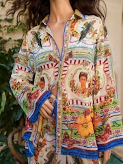 Lipsy White Placement Print Collar Long Sleeve Beach Shirt - Image 3 of 6