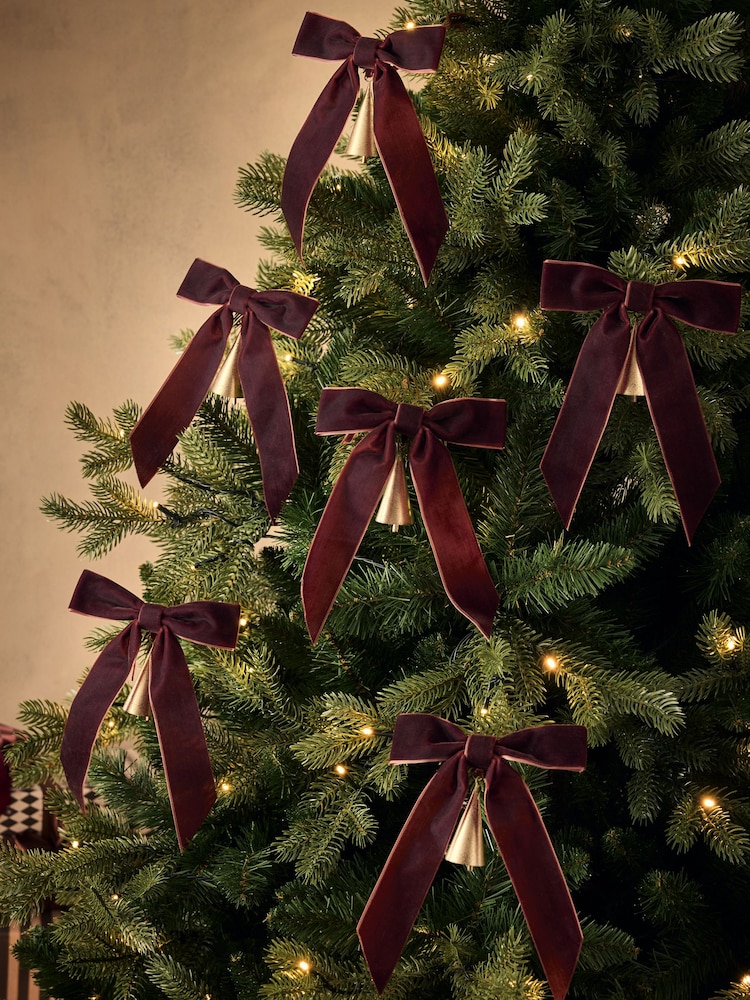 6 Pack Brown Velvet Bow Bell Baubles - Image 1 of 4