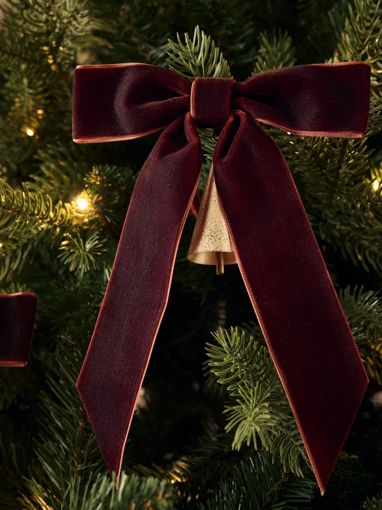 6 Pack Brown Velvet Bow Bell Baubles - Image 2 of 4