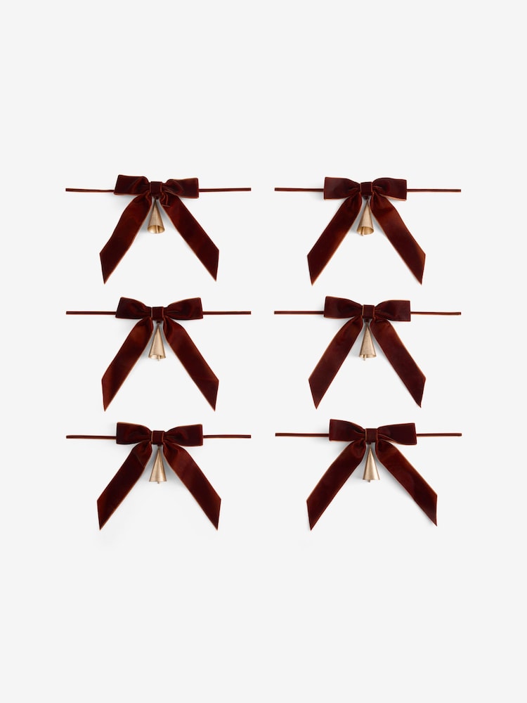 6 Pack Brown Velvet Bow Bell Baubles - Image 4 of 4