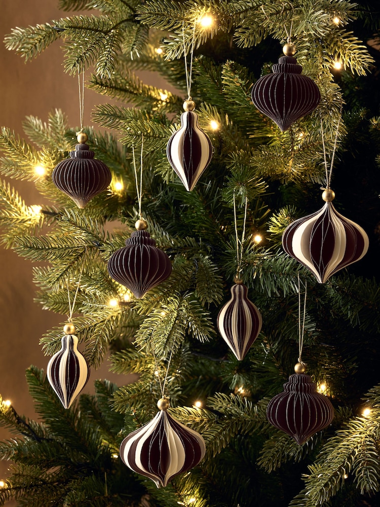 Set of 9 Brown and White Stripe Paper Baubles - Image 1 of 5