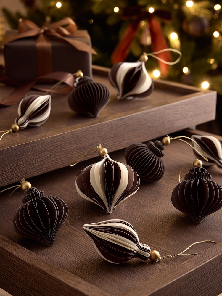 Set of 9 Brown and White Stripe Paper Baubles - Image 2 of 5