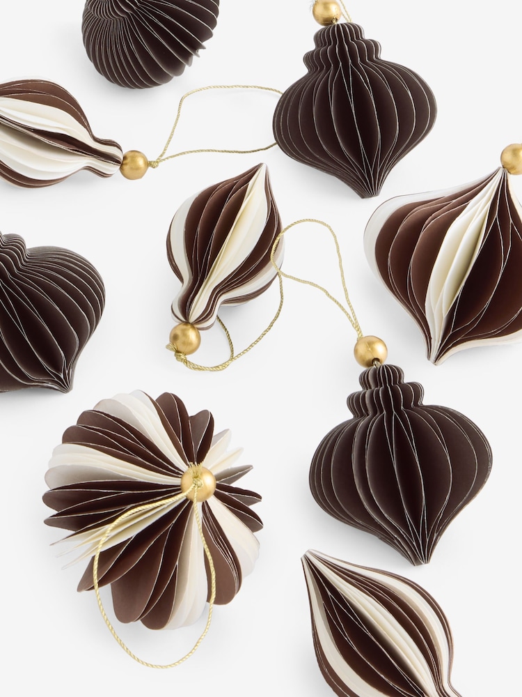 Set of 9 Brown and White Stripe Paper Baubles - Image 5 of 5