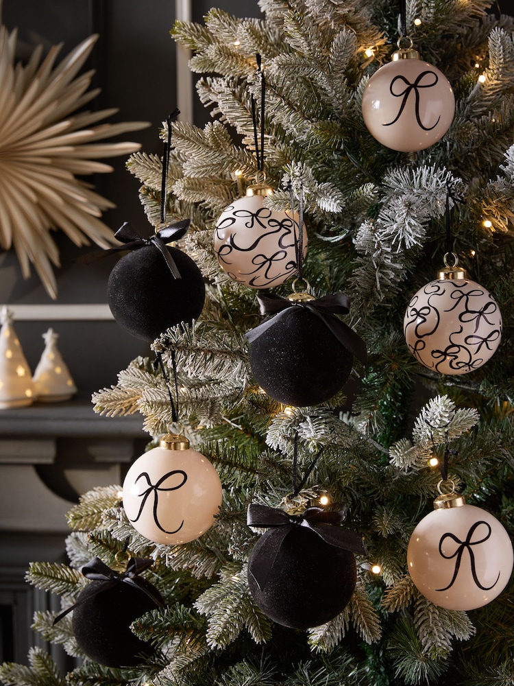 Set of 9 Monochrome Bow Shatterproof Christmas Baubles - Image 1 of 3 Set of 9 Monochrome Bow Shatterproof Christmas Baubles - Image 1 of 3