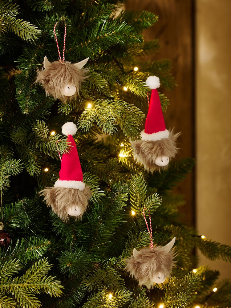 Set of 4 Natural Hamish the Highland Cow Christmas Baubles - Image 1 of 3