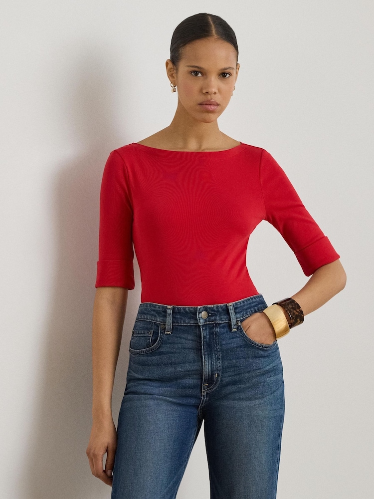 Lauren Ralph Lauren Red Judy Stretch Cotton Boat Neck T-Shirt - Image 1 of 5