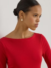 Lauren Ralph Lauren Red Judy Stretch Cotton Boat Neck T-Shirt - Image 4 of 5