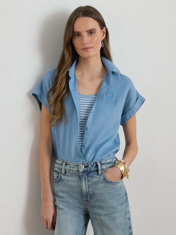Lauren Ralph Lauren Blue Broono Short Sleeve Button Front Shirt - Image 1 of 8