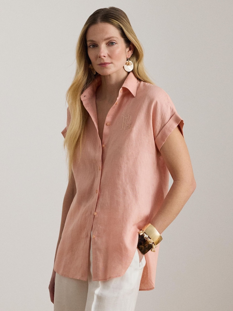 Lauren Ralph Lauren Pink Broono Short Sleeve Button Front Shirt - Image 1 of 8