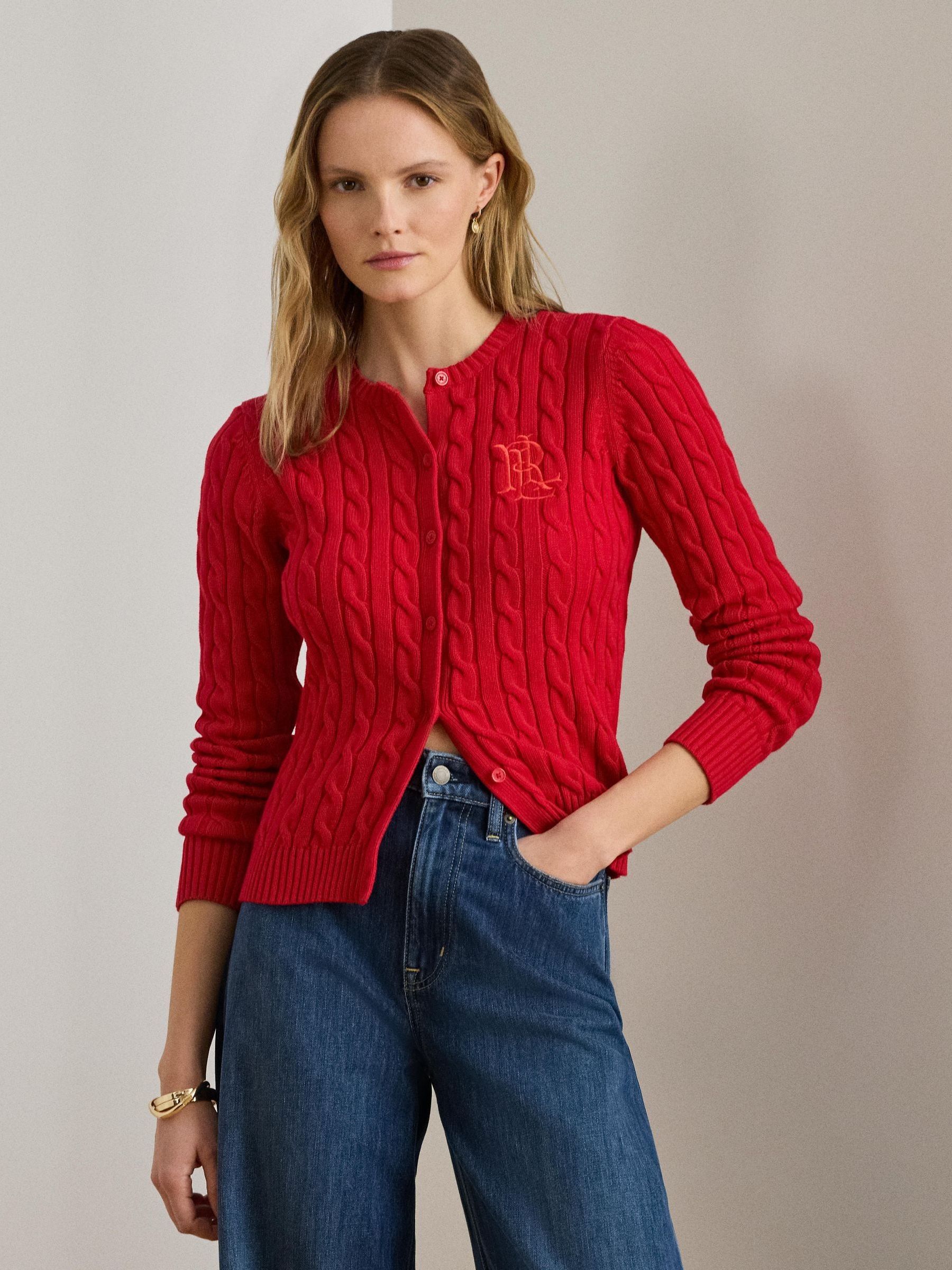 Buy Lauren Ralph Lauren Red Ralhan Cable Knit Cotton Cardigan from