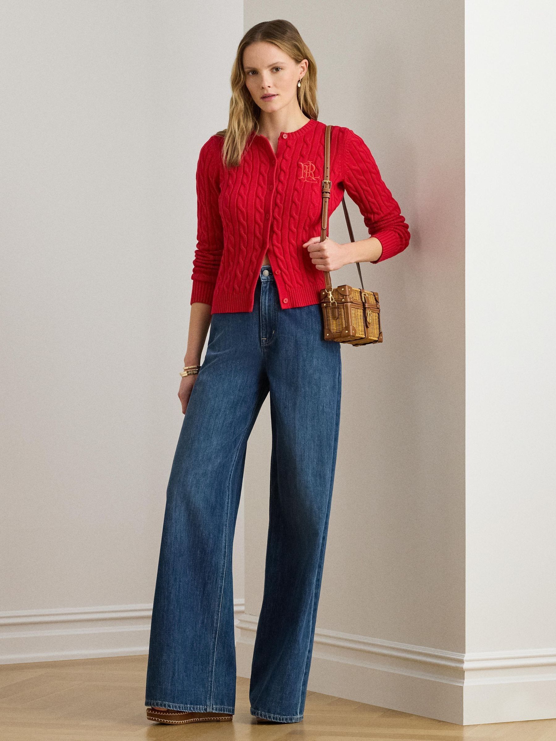 Buy Lauren Ralph Lauren Red Ralhan Cable Knit Cotton Cardigan from