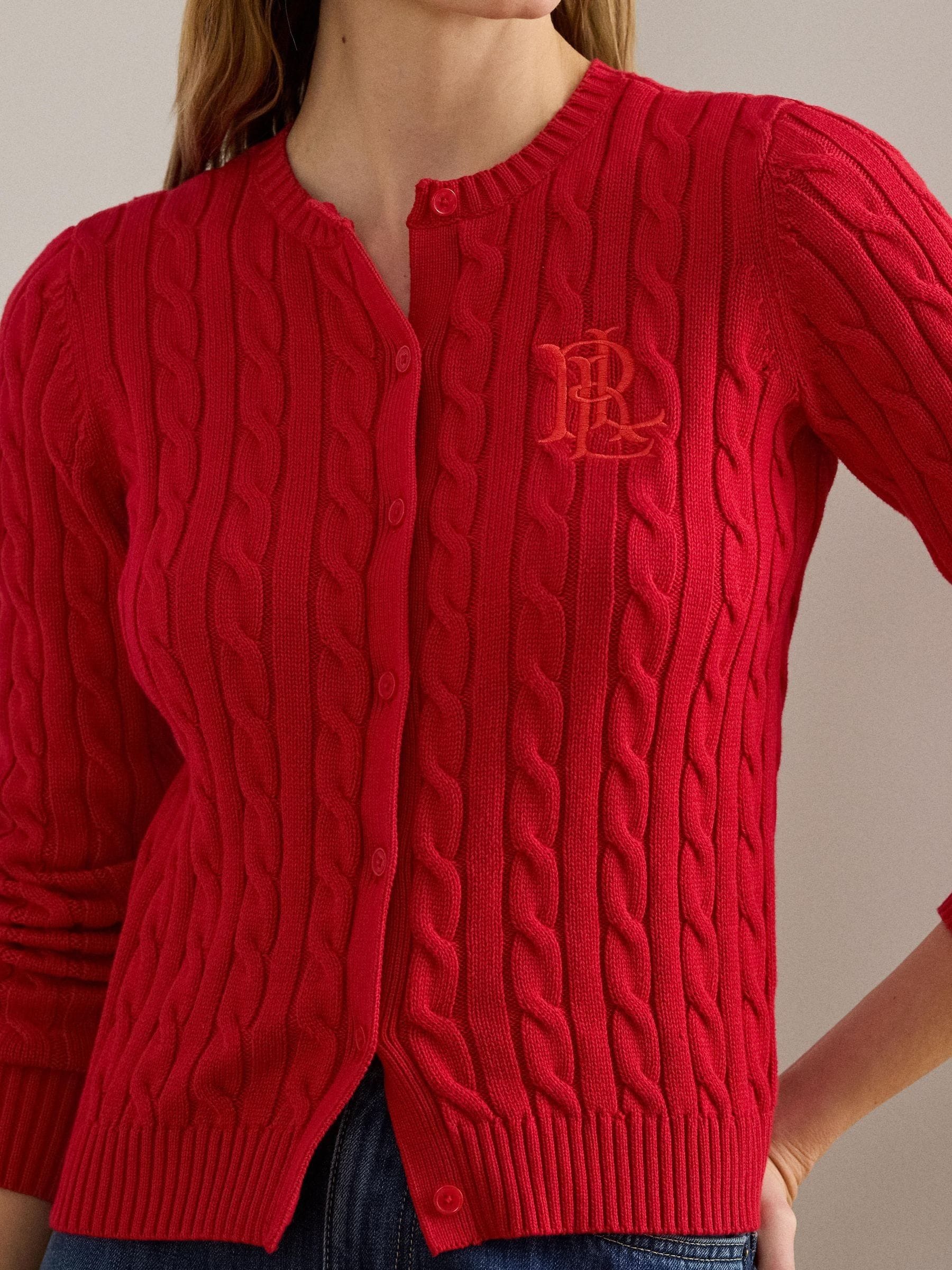 Buy Lauren Ralph Lauren Red Ralhan Cable Knit Cotton Cardigan from