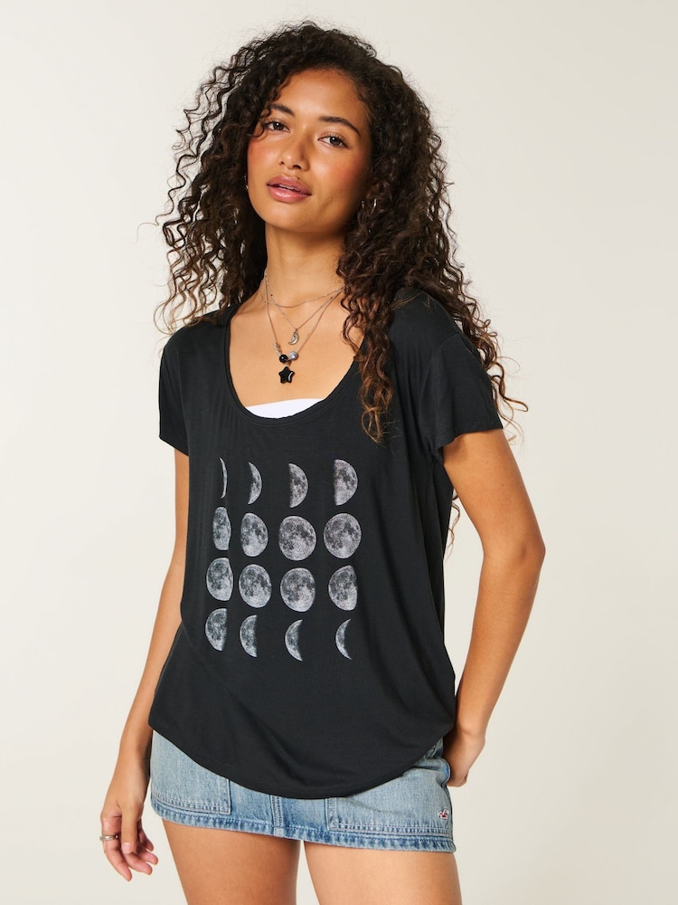 Hollister Black Easy Moon Phase Graphic T-Shirt - Image 1 of 3