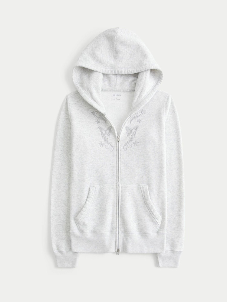 Hollister Grey Graphic Zip Through Hoodie - Image 4 of 4