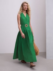 Πράσινο - Βαμβακερό Αμάνικο Midi Σεμιζιέ Με ζώνη - Εικόνα 1 από 8