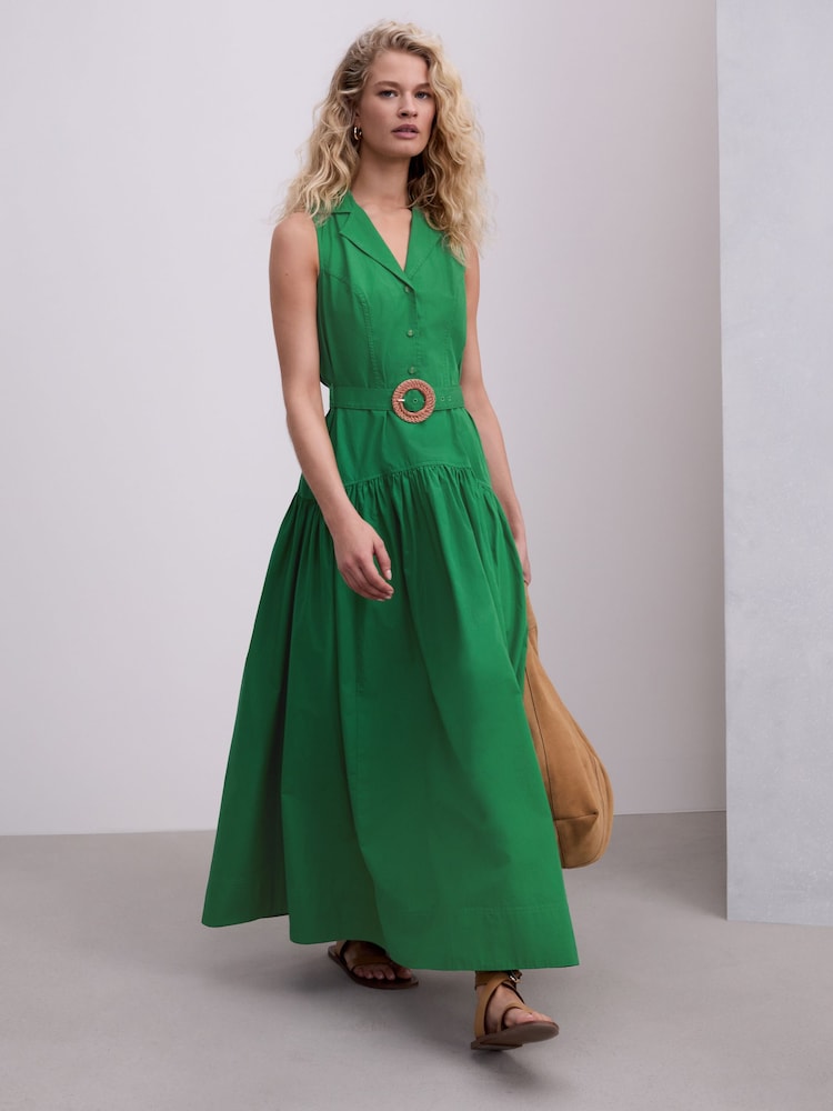 Πράσινο - Βαμβακερό Αμάνικο Midi Σεμιζιέ Με ζώνη - Εικόνα 1 από 8