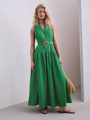 Πράσινο - Βαμβακερό Αμάνικο Midi Σεμιζιέ Με ζώνη - Εικόνα 2 από 8