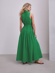 Πράσινο - Βαμβακερό Αμάνικο Midi Σεμιζιέ Με ζώνη - Εικόνα 4 από 8